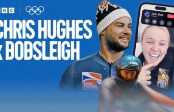 Personalidade da TV Chris Hughes conhece a equipe de bobsleigh da GB