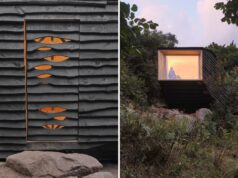 Dentro de uma pequena cabana na floresta de 215 pés quadrados para 2 pessoas que pode sobreviver a um incêndio florestal.