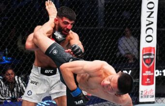 Kiyoji Horiguchi reage quando Kiyoji Horiguchi finaliza Immortal Albami em masterclass tática no UFC Vegas 113