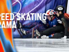 Tracey, da Grã-Bretanha, multada por colisão na final da patinação de velocidade masculina.