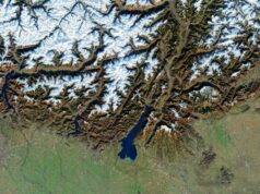 Instalações dos Jogos Olímpicos de Inverno de 2026 na Itália vistas do espaço em 10 de fevereiro de 2026