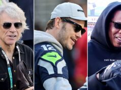Chris Pratt e Jon Bon Jovi na cerimônia pré-jogo do Super Bowl LX Field