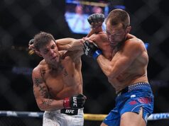 Caio Borralho grita com Dricus Du Plessis após vitória no UFC 326