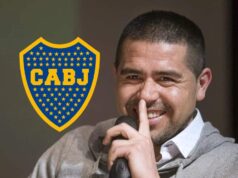A decisão final de Riquelme com a figura do Boca enquanto os torcedores do Boca Juniors comemoram o El Intransigente.