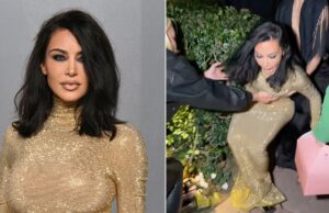 Kim Kardashian apareceu com um vestido Gucci dourado no Oscar de Hollywood