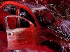 Momento em que a polícia puxa o motorista ferido de seu carro em chamas através de um arbusto depois que a colisão incendiou seu motor