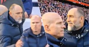 Hilário: o técnico do Spurs, Igor Tudor, quer desejar boa sorte a Arne Slott, mas culpa o careca errado.