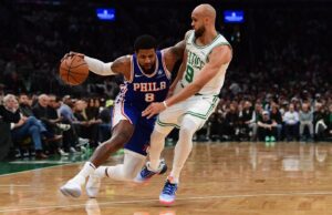 O Celtics assumiu a liderança logo no início, superando o 76ers na abertura da série.