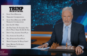 Jon Stewart zomba das habilidades de negociação de Trump no Irã