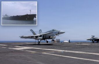 Caças F/A-18 Super Hornet dos EUA disparam contra navio-tanque iraniano que tentava romper o bloqueio do Estreito de Ormuz