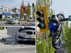 Um acidente de moto no Canadá o deixou pendurado em um semáforo