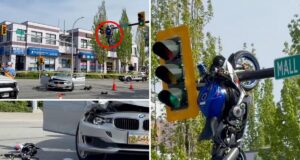 Um acidente de moto no Canadá o deixou pendurado em um semáforo