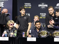 Ilia Topuria fala em entrevista coletiva sobre sua briga com Josh Hokit.