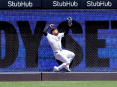 Jason Dominguez, do Yankees, saiu após bater na parede.