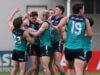 O meio-campista do Fremantle Dockers, Nathan O’Driscoll, é carregado por companheiros de equipe após marcar um gol para o Thunder