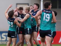 O meio-campista do Fremantle Dockers, Nathan O’Driscoll, é carregado por companheiros de equipe após marcar um gol para o Thunder