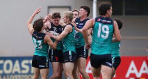 O meio-campista do Fremantle Dockers, Nathan O’Driscoll, é carregado por companheiros de equipe após marcar um gol para o Thunder