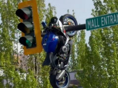 Um motociclista bate em um cruzamento e sua motocicleta bate em um semáforo.
