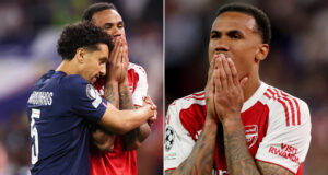 Gabriel, de coração partido, foi consolado pela estrela do PSG logo depois que a estrela do Arsenal perdeu um pênalti na disputa de pênaltis da Liga dos Campeões