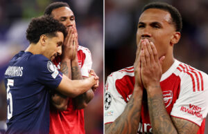 Gabriel, de coração partido, foi consolado pela estrela do PSG logo depois que a estrela do Arsenal perdeu um pênalti na disputa de pênaltis da Liga dos Campeões