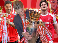 Novas imagens da chamativa cerimônia do campeonato do Arsenal surgem com a declaração ousada de Arteta, Rice fazendo rap e Odegaard dançando com o troféu