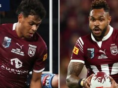 Hamiso Tabuai-Fidow e Selwyn Cobbo, do Queensland Maroons, adotam modelos durante a Semana da Reconciliação Nacional