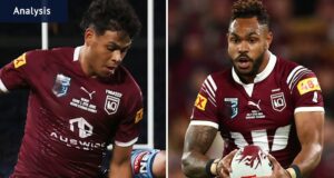 Hamiso Tabuai-Fidow e Selwyn Cobbo, do Queensland Maroons, adotam modelos durante a Semana da Reconciliação Nacional