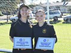 A dupla do Albany Rovers, Paxman e Whitla, comemorou com força no Football West Women’s Football Week Awards