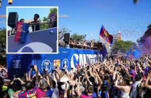 Lamine Yamal zomba do Real Madrid comemorando com o Barça e Frenkie de Jong se diverte em ônibus aberto.