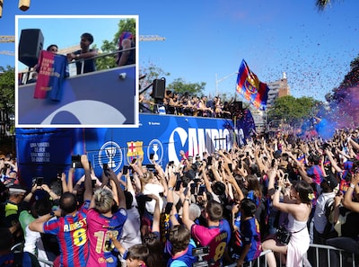 Lamine Yamal zomba do Real Madrid comemorando com o Barça e Frenkie de Jong se diverte em ônibus aberto.