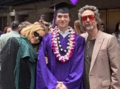 Kate Hudson comemora a formatura do filho Ryder com os ex-namorados Chris Robinson e Matt Bellamy