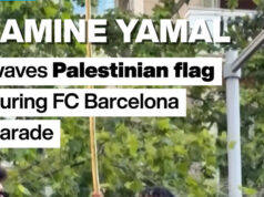 Yamal e atacante do Barça agitando a bandeira palestina durante as comemorações da La Liga