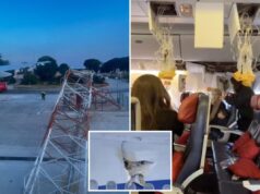 O avião cortou um mastro de radar, deixando um buraco na lateral