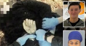 A polícia algema Henry Nowak enquanto ele sangra após um ataque com faca Sikh