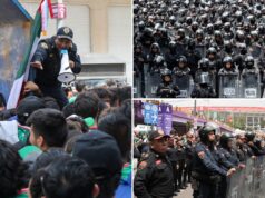 Manifestantes entram em confronto com a polícia em frente ao Estádio Azteca, na Cidade do México, durante a Copa do Mundo