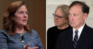 Amy Coney Barrett e Samuel Alito ouvem a decisão da Suprema Corte