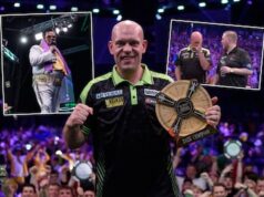 O vencedor do concurso, Michael van Gerwen, manda ‘Elvis’ durante os dardos: ‘Queria acertá-lo na cabeça haha’