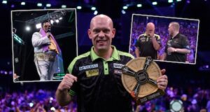 O vencedor do concurso, Michael van Gerwen, manda ‘Elvis’ durante os dardos: ‘Queria acertá-lo na cabeça haha’