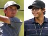 O filho adolescente de Tiger Woods, Charlie, transporta o amigo Miles Russell no torneio de qualificação para o Aberto dos EUA
