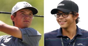 O filho adolescente de Tiger Woods, Charlie, transporta o amigo Miles Russell no torneio de qualificação para o Aberto dos EUA