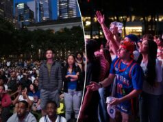 Fãs dos Knicks entram em confronto com a polícia em uma cena caótica do lado de fora de uma festa para assistir ao Jogo 3 no Bryant Park