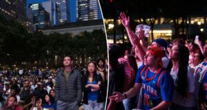Fãs dos Knicks entram em confronto com a polícia em uma cena caótica do lado de fora de uma festa para assistir ao Jogo 3 no Bryant Park
