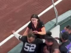 Momento nojento em que um homem é visto socando e pisoteando uma mulher enquanto o jogo de beisebol do San Francisco Giants se transforma em briga