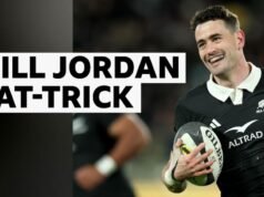 Jordan se tornou o artilheiro recorde dos All Blacks ao marcar um hat-trick.
