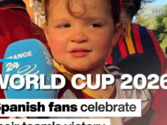Copa do Mundo de 2026: torcedores espanhóis comemoram a vitória de seu time em Nova York.