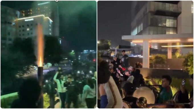 A festa começou! Um grupo de fãs mexicanos soltou música e fogos de artifício nos portões de um hotel britânico