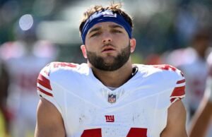 Cam Skattebo aterrorizou os fãs dos Giants ao tentar dar um salto mortal para trás, apesar de uma lesão na perna.