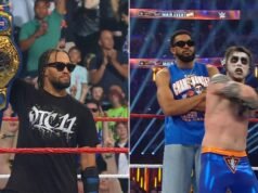 Jalen Brunson e Karl-Anthony Towns comemoram o campeonato WWE dos Knicks no Madison Square Garden