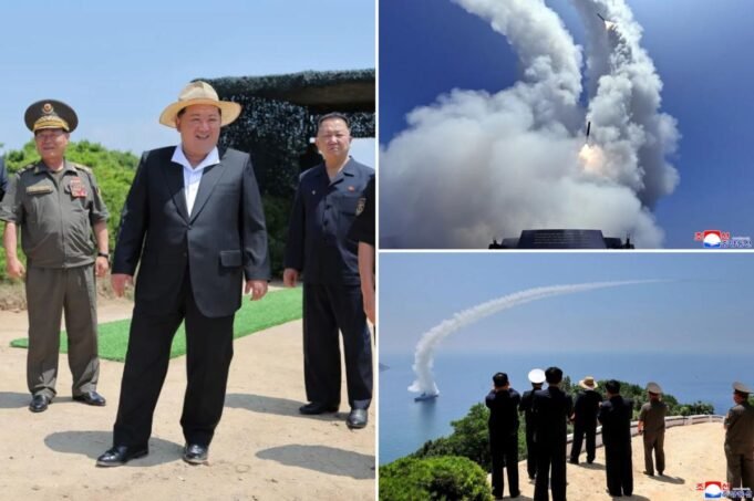 Kim Jong Un foi visto observando um teste de armas de um novo destróier naval norte-coreano Kim Jong Un foi visto observando um teste de armas de um novo destróier naval norte-coreano