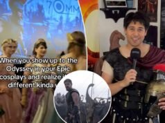 Fãs de cinema usam trajes de cosplay na estreia do filme ‘A Odisséia’
